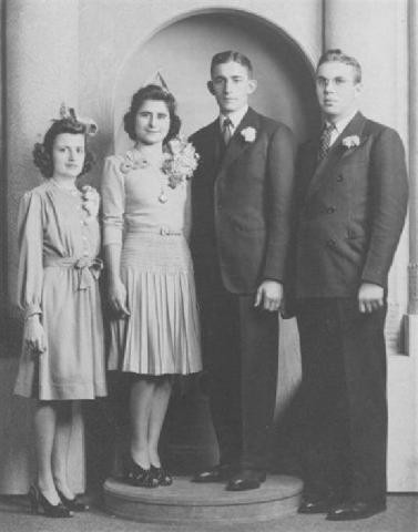 Lester and Jeanne Rentmeester’s wedding day on November 20, 1941. Also included are their attendants who were Peter and June Schumacher.